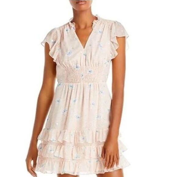 Rebecca Taylor NWT Peach Silk V-Neck Floral Smocked Flutter Sleeve Mini Dress - Picture 1 of 8